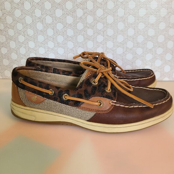 Sperry Top Sider Women's Boat Shoes Size 9 Leather Brown Tan Leopard Print - Picture 7 of 11